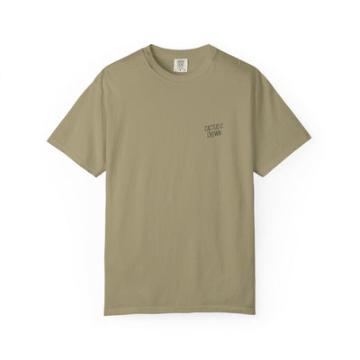 Beige t-shirt with 'Cactus Crown' text on a white background