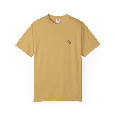 Beige t-shirt with 'Cactus & Crown' text on a white background