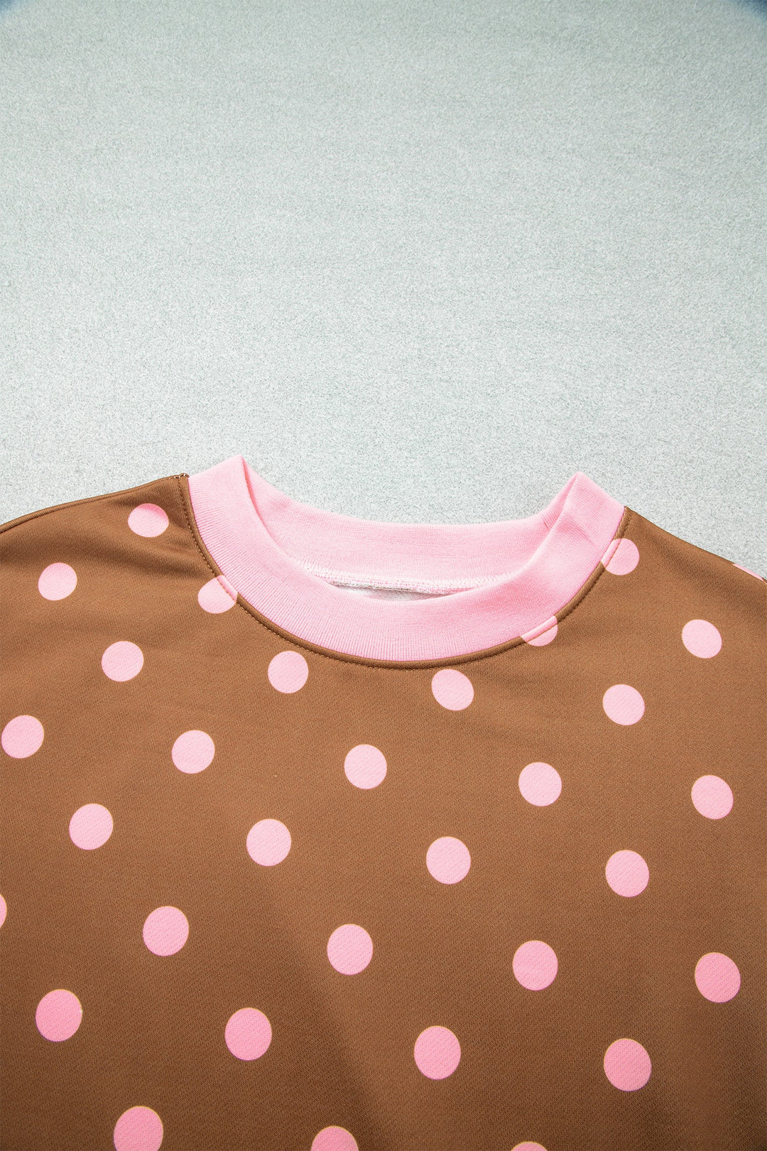 Polka Dot Colorblock Trim Round Neck Sweatshirt
