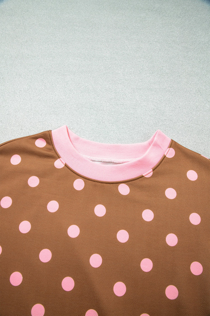 Polka Dot Colorblock Trim Round Neck Sweatshirt
