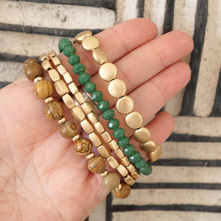 5 piece - Green/Brown/Worn Gold Boho Bracelet Stack - Thistle Canyon Co.