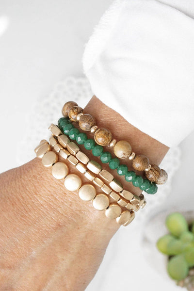 5 piece - Green/Brown/Worn Gold Boho Bracelet Stack