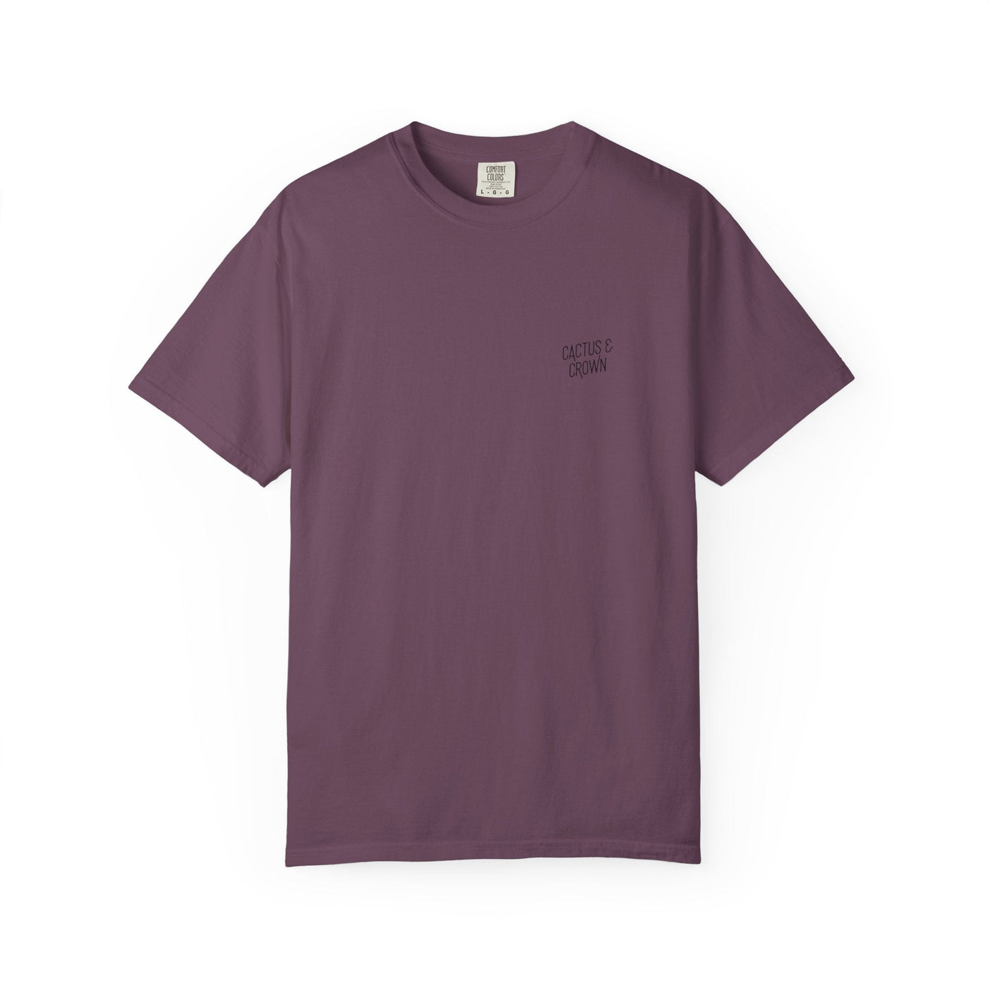 Purple t-shirt with a small logo on a white background