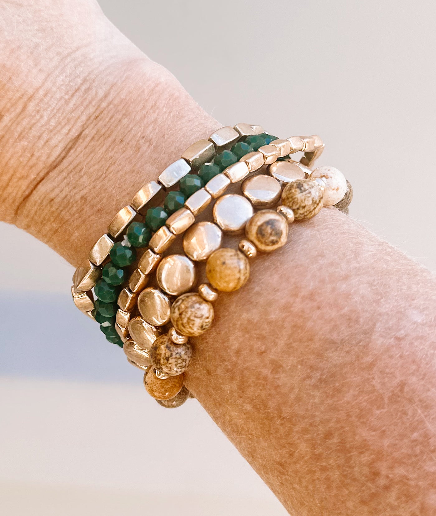 5 piece - Green/Brown/Worn Gold Boho Bracelet Stack