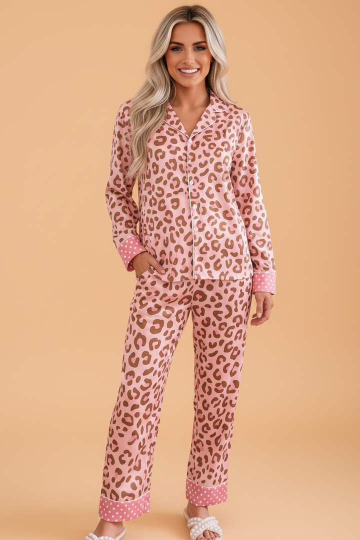 Leopard Polka Dot Trim Top & Pants Pajama Set