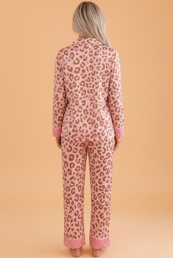 Leopard Polka Dot Trim Top & Pants Pajama Set