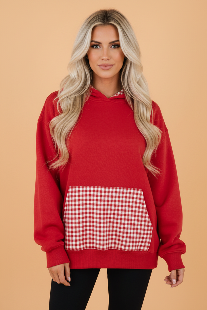 Gingham Patchwork Kangaroo Pocket Hoodie