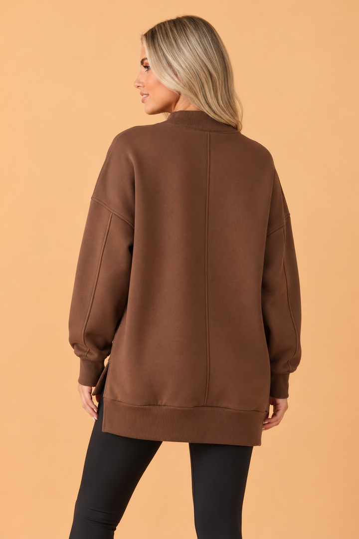 Solid Mock Neck Split Hem Oversized Sweatshirt
