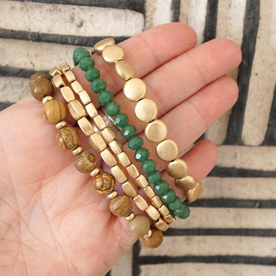 5 piece - Green/Brown/Worn Gold Boho Bracelet Stack