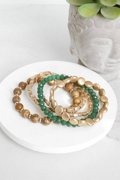 5 piece - Green/Brown/Worn Gold Boho Bracelet Stack